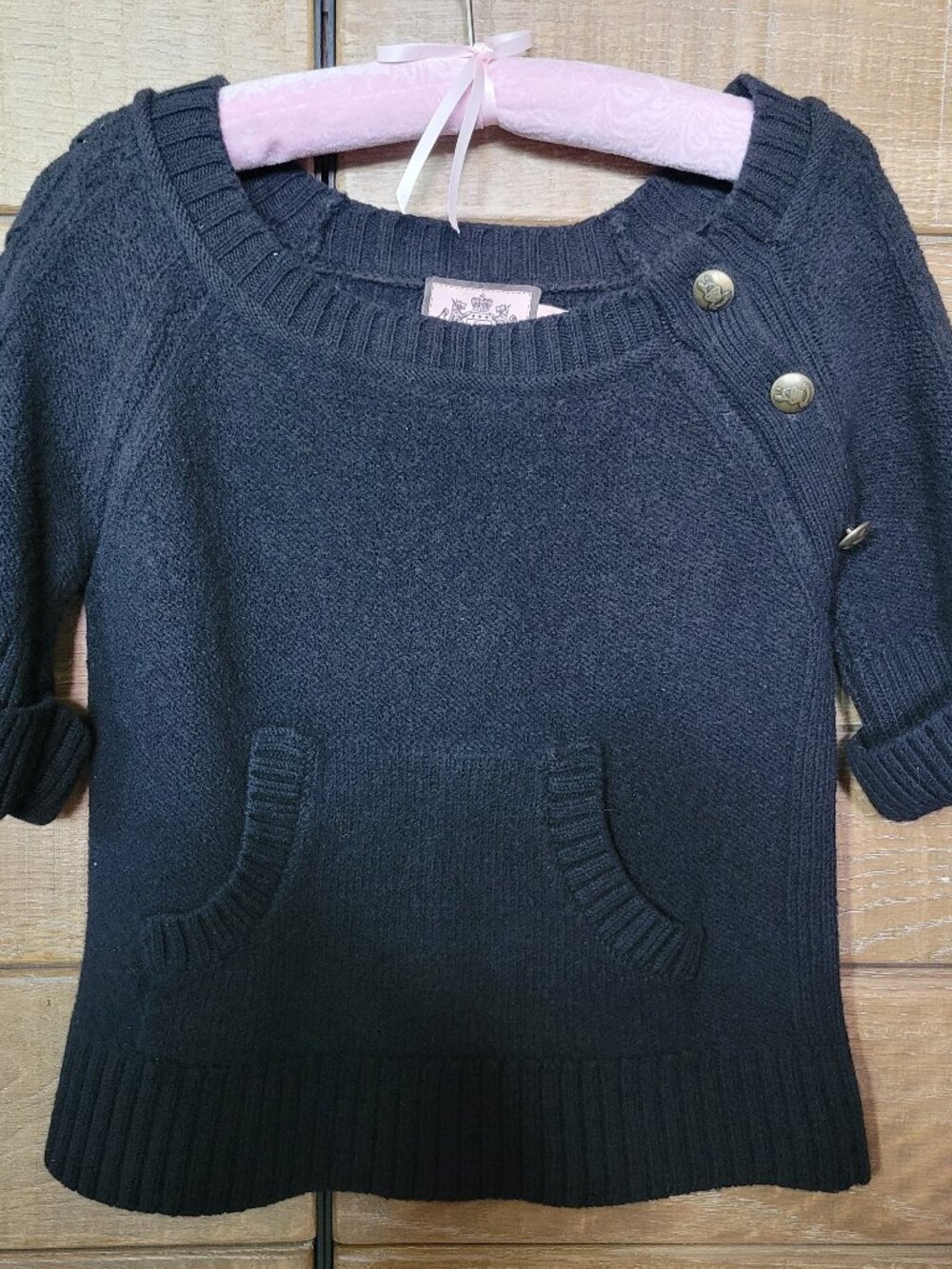 VINTAGE JUICY COUTURE 2001 BLACK 100% WOOL SWEATER GOLD BRASS BUTTONS Y2K SIZE M